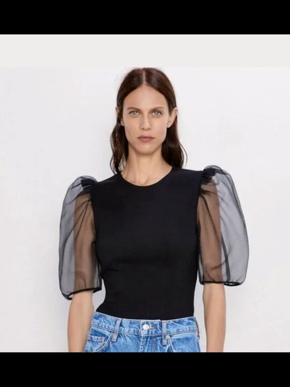 Zara Sheer Puff Sleeve Black Top - Women. XXL